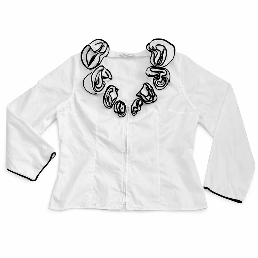 Anne Fontaine White Sculptural Ruffle Zip Blouse FR 46 US 14 Cotton